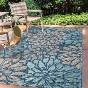 JONATHAN Y SMB110C-4 Zinnia Modern Floral Textured Weave Indoor Outdoor Area Rug Bohemian Coastal Easy Cleaning Bedroom Kitchen Backyard Patio Non Shedding, 4 X 6, Navy/Aqua