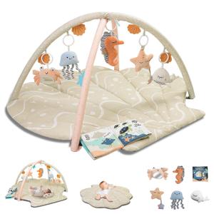Baby Play Mat, Oversize Shell Tummy Time Mat with 6 Detachable Baby Activity Toys, Baby Gyms & Playmats for Babies 0-6 Months, Baby Essentials Mat for Floor Newborn Baby Shower Gifts (Beige)