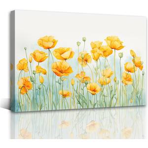 Poppy Wall Art Canvas Prints Yellow Flower Picture Wall Decor Watercolor Floral Wall Paintings for Living Room Bedroom Bathroom Decor Framed(Flower-3,16.00" x 24.00")