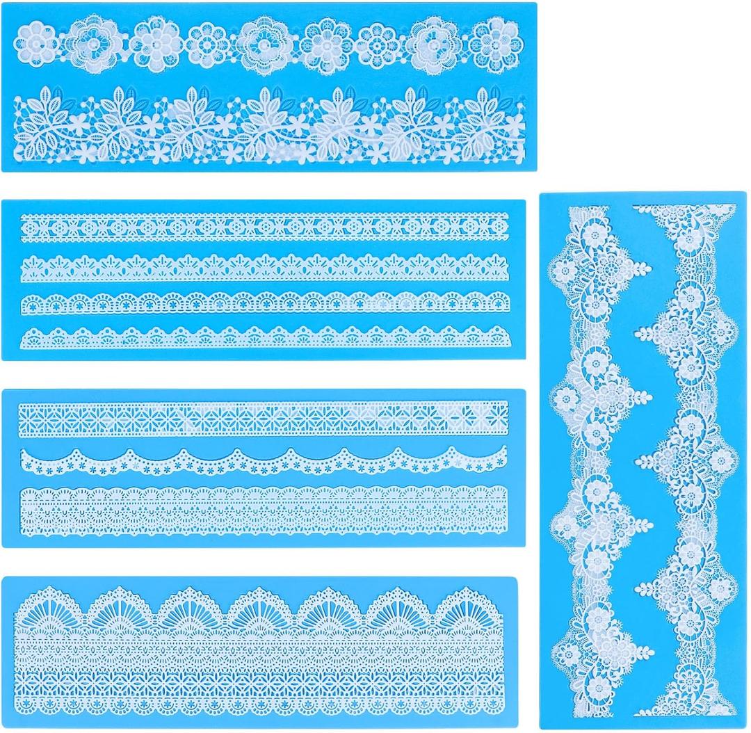 Beasea Silicone Lace Molds, 5pcs Lace Fondant Molds Silicone for Making Cake Decoration Mats Various Pattern Moulds for Party Wedding Cake Decoration Craft DIY - Blue