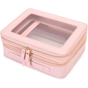 Aveniee XL Clear Makeup Organizer,Double Layer Travel Cosmetic Case with Brush Holder & Zippered Compartments,Big Toiletry Bag for Travel Accessories,2 Layers Large,Pink