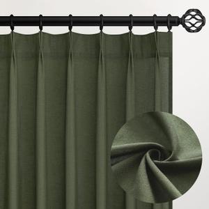 Pleated Linen Curtains 105 Inches Long for Living Room 2 Panel Set Olive Green Semi Sheer Light Filtering Pinch Pleat with Hooks Back Tab Drapes Neutral Boho 105 Inch Curtain for Bedroom Window, 40"W x 105"L