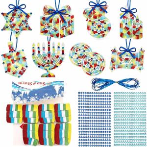 Tenceur 40 Set Hanukkah Menorah Crafts Kits DIY Hanukkah Tissue Paper Sign Crafts Kit Chanukah Stained Glass Jewish Menorah Hanging Ornaments Suncatchers Craft for Window Art Activities