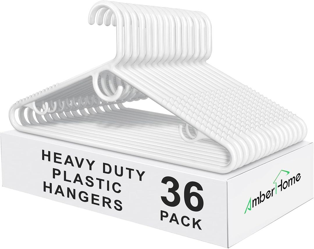 Amber Home 36 Pack Heavy Duty Plastic Hangers, Non-Slip White Clothes Hangers with Pants Bar, Thick Plastic Hangers for Closet Organization, Suit, Shirt, Coat & Jacket