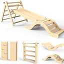 doowroodni Pikler Triangle Set 7in1 Toddler Climbing Toys Indoor Foldable Baby Climbing Toys Wooden Montessori Climbing Set with Arch, Ramp, Ladder for 1-3 Years, Jungle Gym for Kids (Natural), Medium, Small