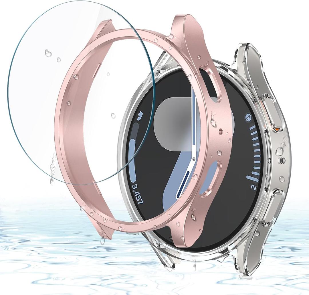 Misxi [2+2 Pack] Case Hard PC Bumper + Tempered Glass Screen Protector [with Auto Alignment Tool Kit] for Samsung Galaxy Watch 7 40mm, Anti-Scratch Cover for Galaxy Watch7, 1 Rose Gold + 1 Transparent