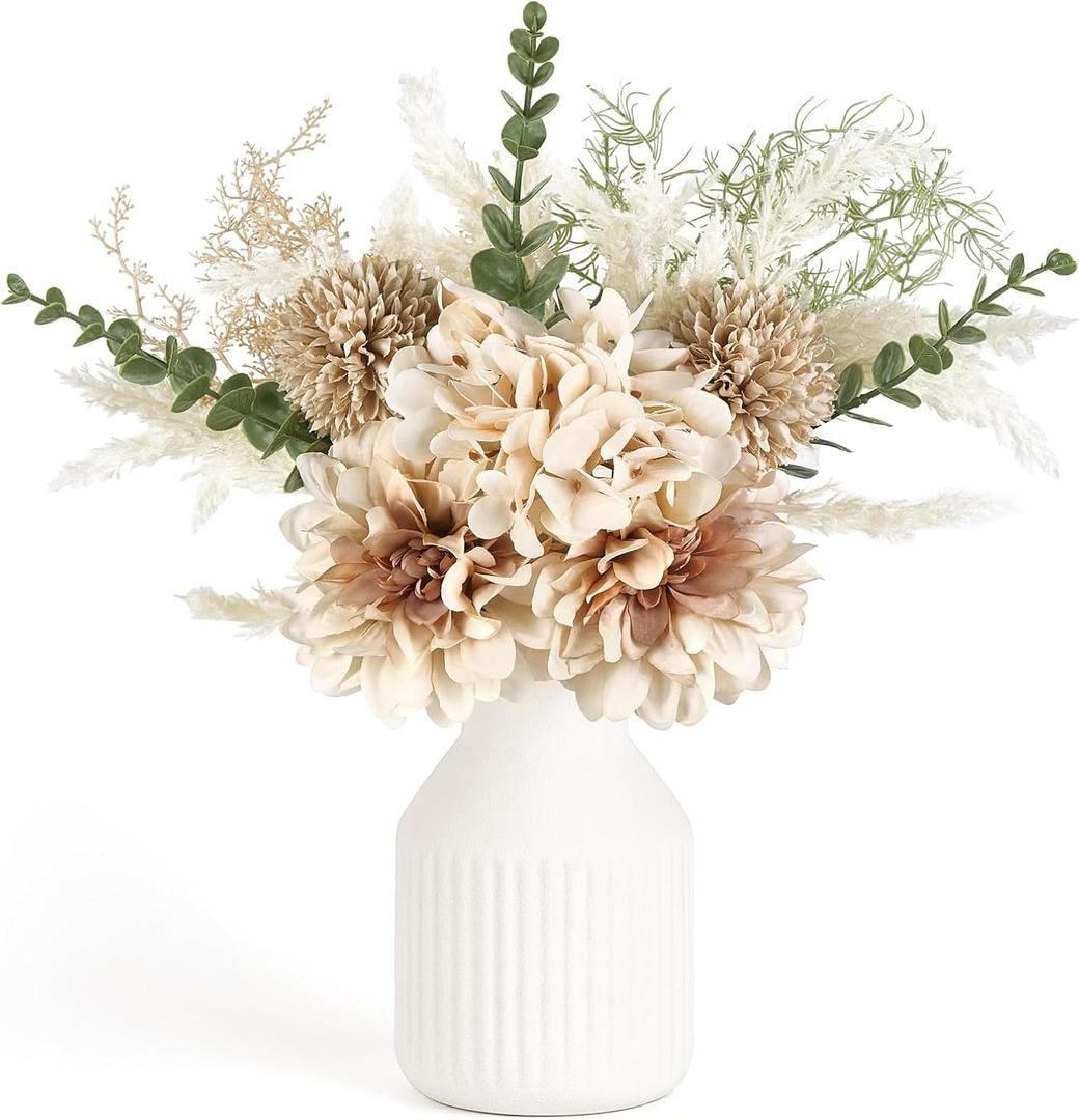 Mkono Small Artificial Flowers in Ceramic Vase Centerpieces Coffee Table Decor, Silk Flower Arrangements for Home Decor Indoor Fake Flower Bouquet for Bathroom Dining Room Kitchen (Brown, Medium)