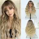 Blonde Wig for Women, Long Ombre Blonde Wavy Wig with Bangs 26 Inch Wigs Natural Looking Heat Resistant Synthetic Wig for Daily Party Use