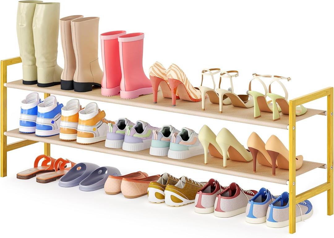 Long Shoe Rack for Closet Floor,2 Tier Wide Shoes Shelf Organizer,15-18 Pairs Bamboo Low Closet Shoe Stand Holders,Modern Sturdy Shoe Storage Rack for Entryway,49 x 11 x 17