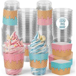Qinyoung 50 Set Ice Cream Party Cups, 16 oz Plastic Ice Cream Disposable Cups with Sleeves Bulk, Sprinkle Summer Birthday Party Decorations Cold Drinking Favors for Iced Coffee, Smoothie, Milkshake, 4.8 x 3.86 inches