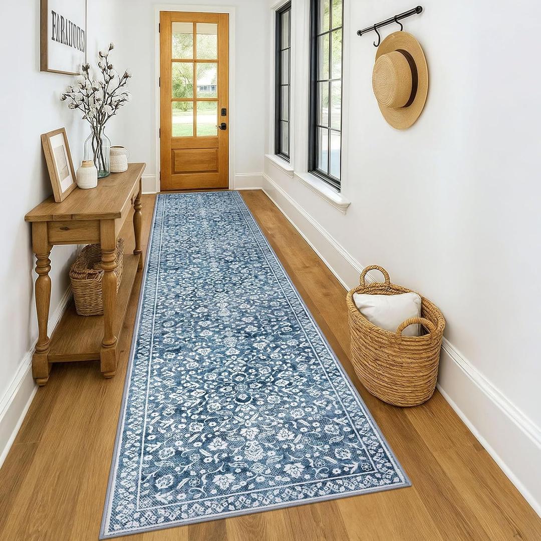 Vintage Runner Rugs for Hallway 3x14, Blue and White Washable Long Hallway Runner Rug Non Slip, Super Soft Kitchen Runner Rug, Print Faux Wool Floral Thin Carpet Hall Runner