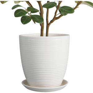 10 Inch Ceramic Planter With Drainage Hole and Saucer - Modern Round Flower Pot for Indoor Outdoor Plants - Large White Garden Planter