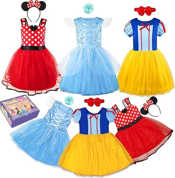 AlecosFun Princess Dress Up Costume for Toddler Girls, 6 Pcs Fancy Costumes Dresses Outfit Clothes Pack for Toddlers 3-4T
