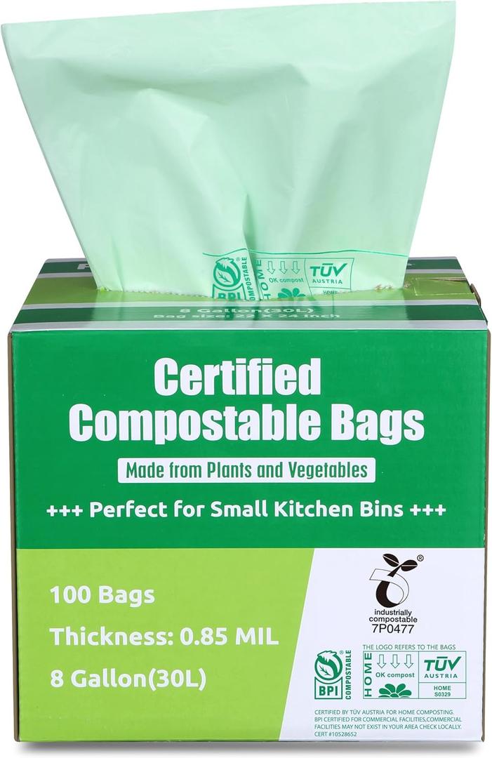 Primode Compostable Bags, 8 Gallon (30L) Food Scraps Yard Waste Bags, 100 Count, Extra Thick 0.85 Mil. ASTM D6400 Compost Bags Small Kitchen Trash Bags, Certified by BPI & TV AUSTRIA