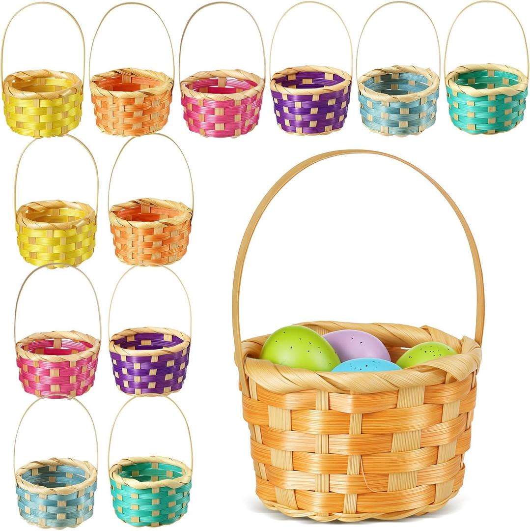 Remerry 12 Pcs Mini Easter Baskets Bulk with Handles, Colorful Small Woven Baskets for Easter Egg Hunt, Tiny Gift Basket for Party Favors, DIY Crafts, Spring Decor