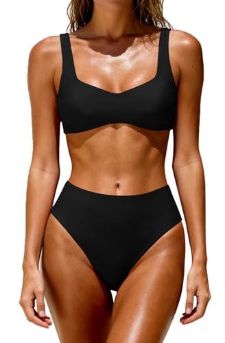OWICA Women's High Waisted Bikini Set Two Piece Swimsuit with Crisscross Back Adjustable Tie Bathing Suit Black Small