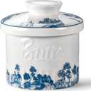 Butter Crock with Lid, French Butter Dish with Water Line for Countertop, Ceramic Butter Keeper for Spreadable Butter, Container Holder for Kitchen and Home Decor, 6.7 OZ, Forest Blue
