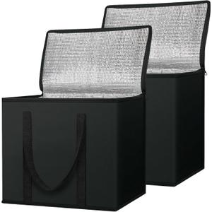BALEINE 2Pk Insulated Reusable Grocery Bags, Collapsible Cooler Bag for Groceries, Heavy Duty Large Insulated Bag (Large, Charcoal Black)