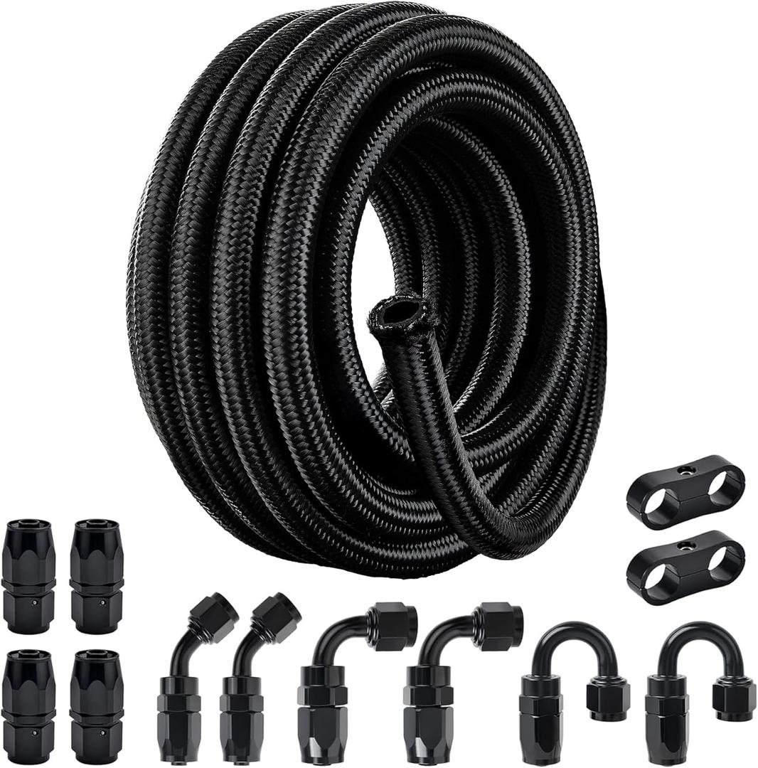 6AN Fuel Line Kit, 6AN Nylon Braided Fuel Line Hose Fitting Kit CPE 20FT Black