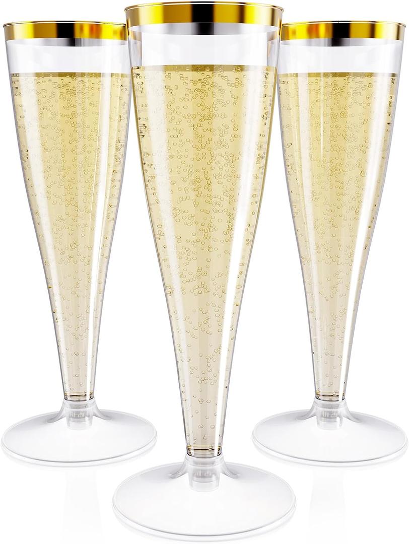 JOLLY CHEF 36 Count Plastic Champagne Flutes 4.5 oz Gold Rim Clear Disposable Toasting Glasses