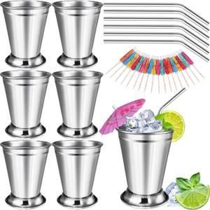 6 Sets Mint Julep Cups Silver with Straws 12 oz Stainless Steel Drinking Cups Beaded Mint Julep Cups Metal Cocktail Glasses with Straws and Drink Picks for Mint Julep Cocktails Beer Juice Beverage