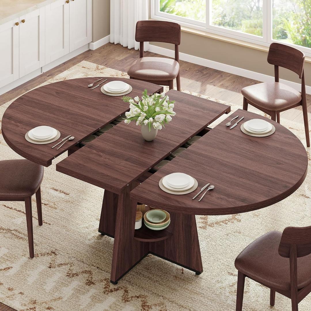 Extendable Dining Table, Round Kitchen Dining Room Dinner Table with for 4 6 8 People, Space Saving Modern Oval Expandale Furniture with Storage and Pedestal for Kitchen Living Room (Brown), 59''*43"*30"