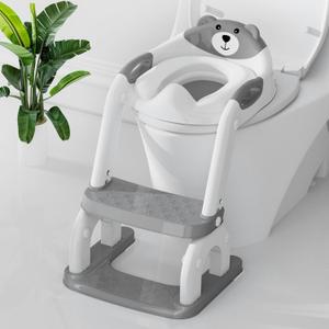 Potty Training Seat with Step Stool, Toddler Potty Training Toilet Seat with Non-Slip Step Splash Guard Safety Handles and Waterproof Cushion, 2 In 1 Toddler Potty Seat (Gray)