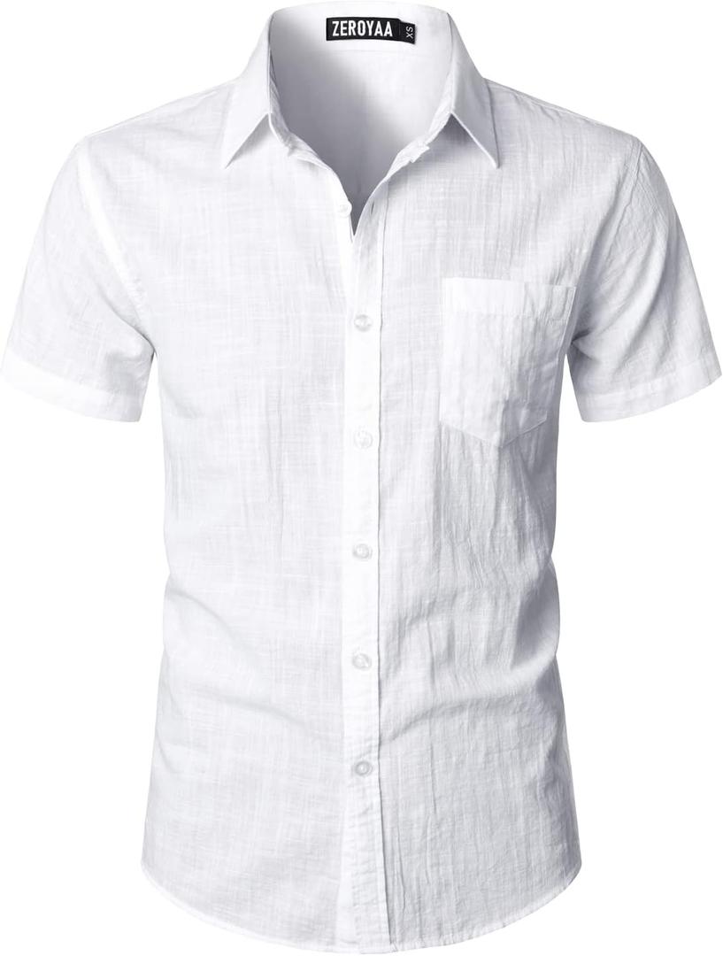 ZEROYAA Men's Fitted Cotton Like Linen Casual Short Sleeve Button Up Shirts Lightweight Beach Tops with Pocket (White), Size: XS ZEROYAA Men's Fitted Cotton Like Linen Casual Short Sleeve Button Up Shirts Lightweight Beach Tops with Pocket (White), Size: XS