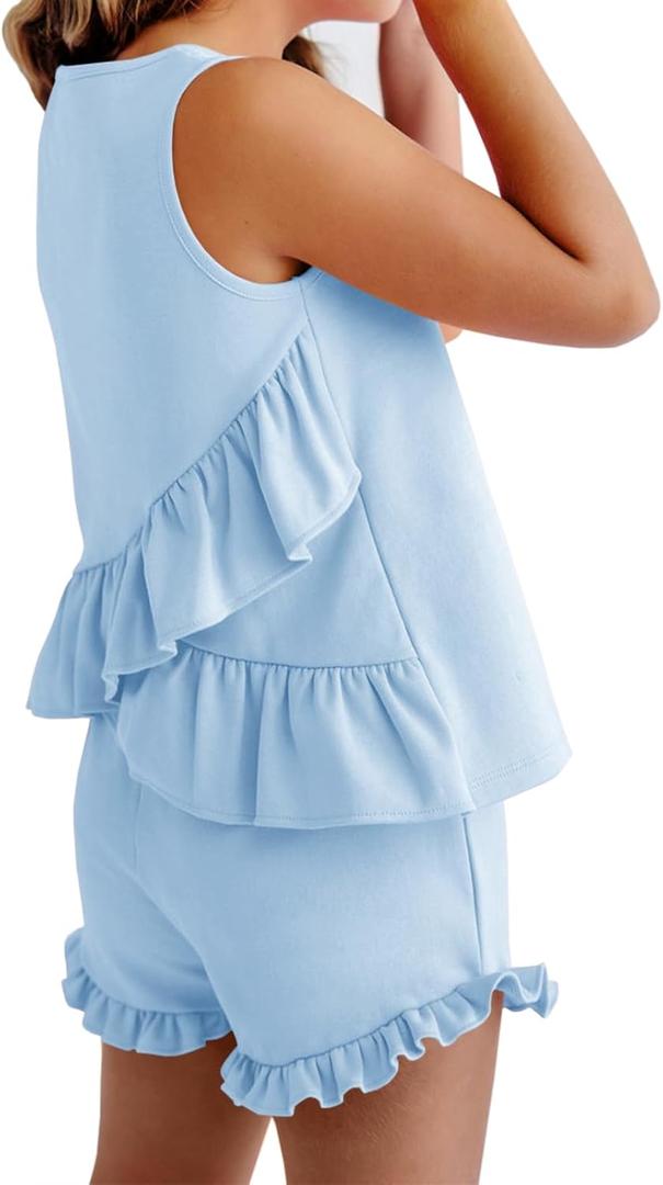 Haloumoning Girls Summer Clothing Sets Ruffle Tank Tops and Shorts Cute 2 Piece Outfits 3-10 Years (7-8 Years, Blue)