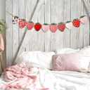SmoothNovelty Strawberry Felt Banner Garland Decor Vintage 3D Strawberry Hanging Garland with Wooden Beads for Back to School Birthday Party Baby Shower DIY Home Wall Fireplace Decor(Bright)