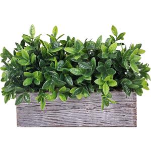 Winlyn Artificial Eucalyptus Plant in Rustic Rectangular Wooden Planter Box Faux Potted Herb Plant Greenery Arrangement for Farmhouse Indoor Wedding Table Centerpiece Mantel Shelf Kitchen Decor