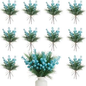 Geosar 24 Pieces Blue Christmas Artificial Greenery Pine Branches Small Holly Artificial Berries Picks Bulk for Crafts Wreath Decoration Xmas Tree Party Gift for Christmas Holiday Decor