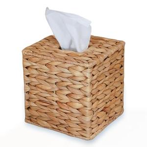 PINXIURY Water Hyacinth Handwoven Tissue Box Cover, Natural Handmade Wicker Napkin Box Holder, Handcrafted Square Facial Tissue, Rustic Decorative on Table and Bathroom, Office, Boho Decorative