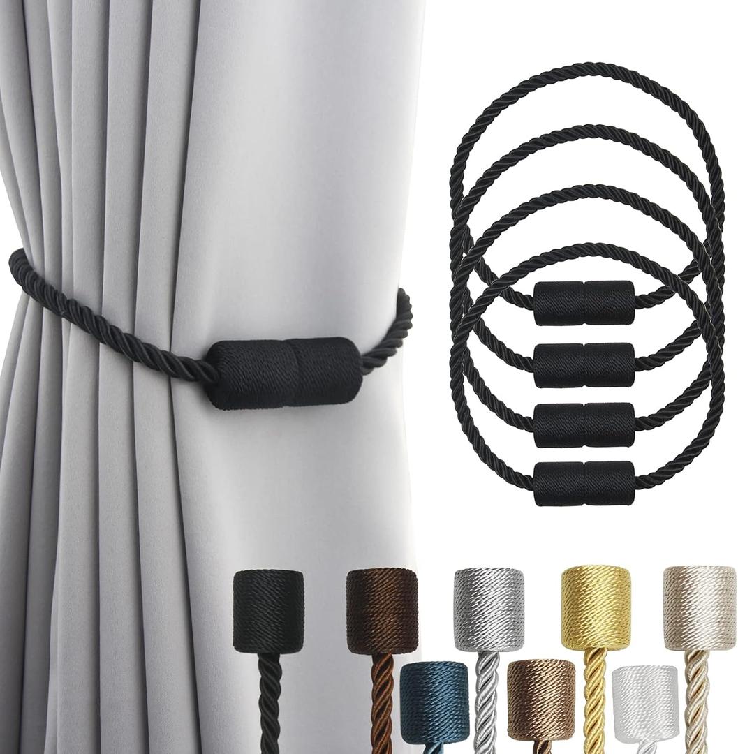 Porlau 4 Pack Strong Magnetic Curtain Tiebacks Outdoor Elegant Decorative Tie Backs Modern Rope Tiebacks for Drapes Window Curtain Holdbacks for Draperies- Black
