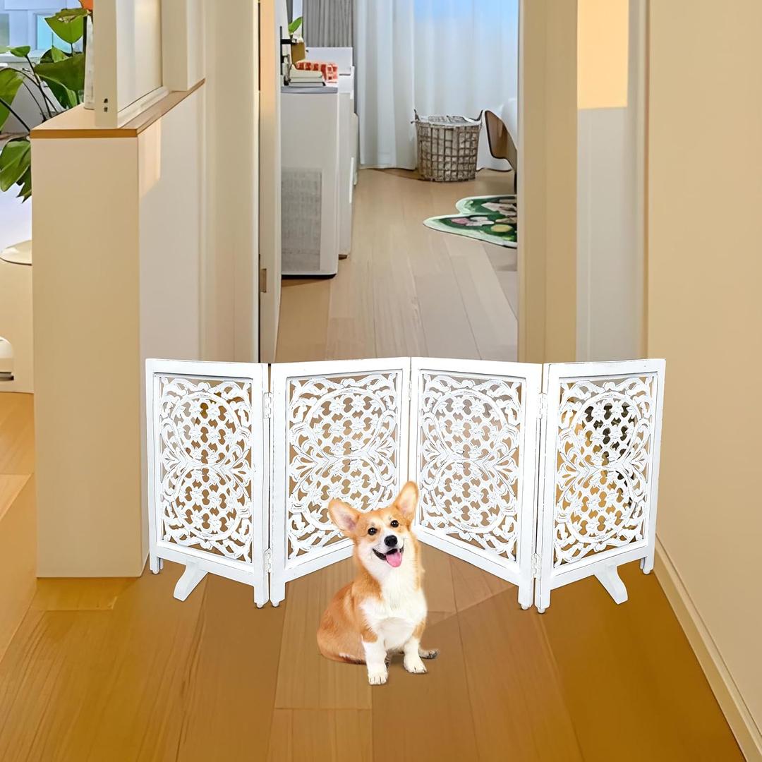 Goroly Home Wooden Dog Gate - Foldable Freestanding Pet Gate for Indoor Use, Adjustable Safety Barrier for Dog, Puppies & Small Pets, Perfect for Stairs & Doorways- 24x72 Inch Antique White (4 Panel)