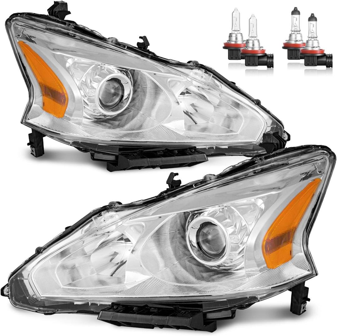 Headlights W/Bulbs for 2013 2014 2015 Nissan Altima 4-Door Halogen Headlamp Replacement Driver & Passenger Side (DOES NOT FIT XENON/HID)