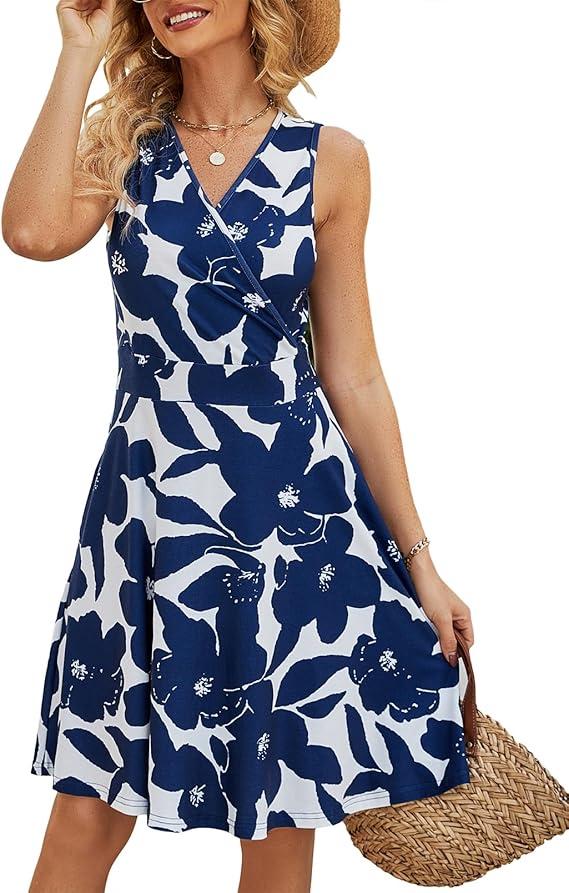 Naggoo Sundresses for Women Summer Casual Faux Wrap V Neck Floral Short Tank Dress with Pockets S