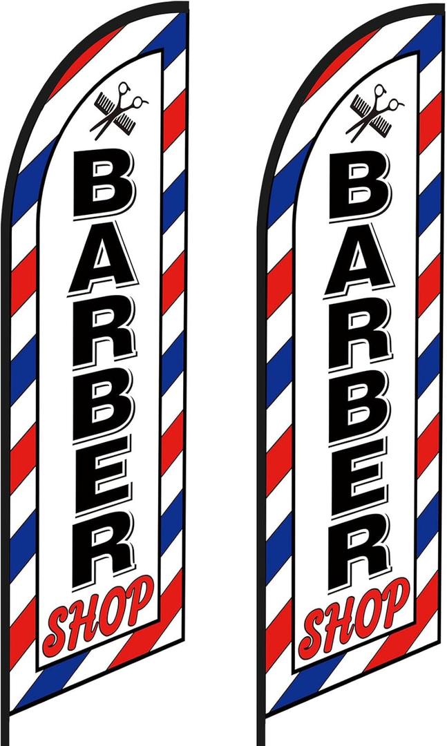 2 Pcs Barber Flag Barbershop Sign Outside Barber Shop Sign Windless Banner Feather Swooper Flag for Shop Advertising Business Outdoor(NOT INCLUDE POLE KIT)(12 ft)