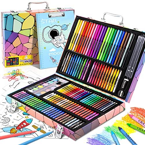 Art Supplies, 180 Pack Drawing Painting Set for Kids Girls Boys Teens, Coloring Art Kit Gift Case with Clipboard, Coloring Papers, Oil Pastels, Crayons, Colored Pencils, Watercolor Cakes, Markers,