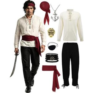 Men’s Pirate Costume Set, 8-Piece Renaissance Medieval Outfit Accessories, Small