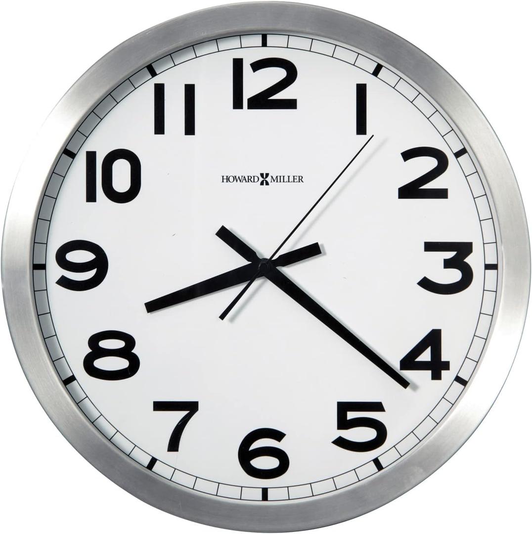 Howard Miller Gooding Wall Clock II 547-688 – Modern Round Brushed Aluminum, Flat Glass Crystal, Sturdy Metal Frame, Classic Black Accents, Quartz Movement