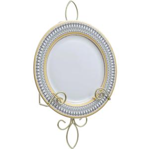 MyGift Wall Mounted Brass Tone Metal Wire Vertical Collectible Plate Holder, Decorative Vintage Scrollwork Hanging Rack Holds Single 9 to 13 Inch Plates