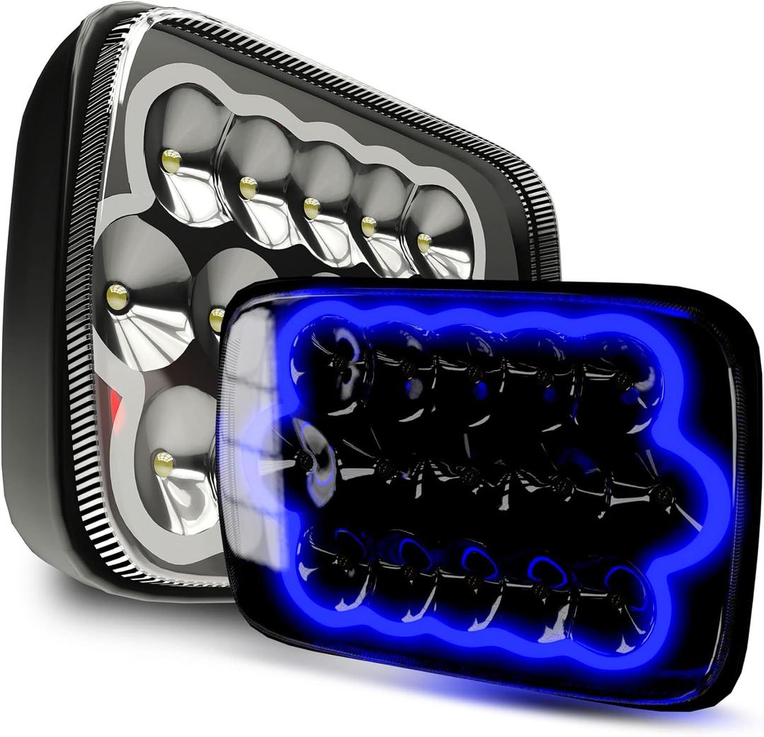 Lpteso ROLINGER 2PCS Off Road Plug and Play Sealed Beam LED Light H6054 7x6 5x7 Auto Lights with Blue Halo Ring Lights Compatible with Wrangler YJ XJ Cherokee E250 Chevy Van Truck Mr2