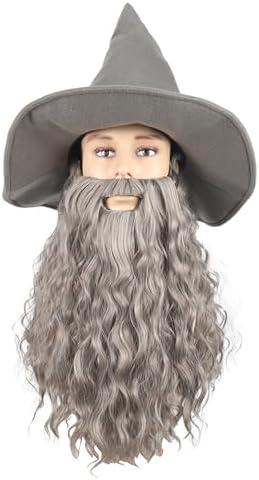 QACCF Qacf Long Curly Men's Wizard Mustache Wig Halloween Costume Cosplay Viking Fake Beard Wig (Grey)