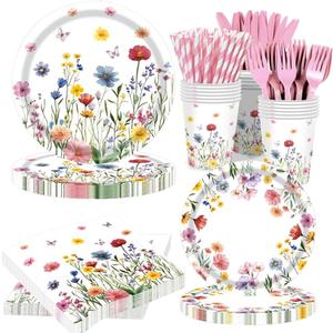 168Pcs Wildflower Party Supplies Wildflower Plates and Napkins Cups Disposable Tableware for Girls Baby Shower Birthday Spring Summer Floral Wedding Tea Party Decorations, Serves 24 Guests