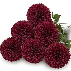 Briful Autumn Artificial Chrysanthemums Ball Flowers 4’’ Large Heads Mums Stems Burgundy Fake Hydrangea Flowers Bridal Wedding Bouquet for Home Garden Party Wedding Fall Decoration, Set of 6