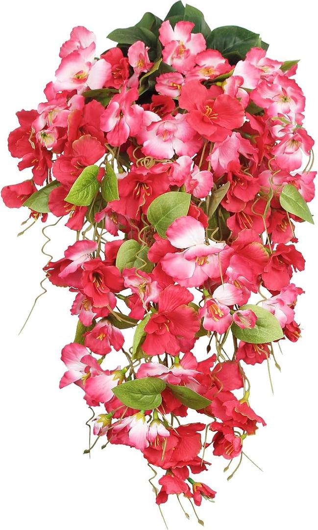 2 Pcs Fake Hibiscus Flowers Artificial Hanging Flowers Plants Outdoors Realistic UV Resistant Spring Summer Decor Red Pink Silk Faux Hibiscus Flower Trailing Vines for Front Door Porch Outside