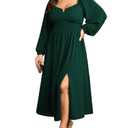 SCOMCHIC Women Plus Size Formal Dresses Long Sleeve Square Neck Wedding Guest Cocktail Split A-Line Maxi Long Dress Emerald Green, Size 2XL
