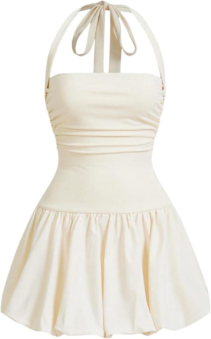 SOLY HUX Women's Bubble Mini Dress Y2K Halter Backless Club Party Graduation Short Dresses with Shorts Underneath