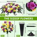 Wocst Cemetery Flowers for Grave,Headstone Flower Saddle 2sets Artificial 24 Heads Large Chrysanthemums Rose Daisy Bouquets with Cemetery Vases for Outdoor Grave Decorations (Purple Yellow, Large)